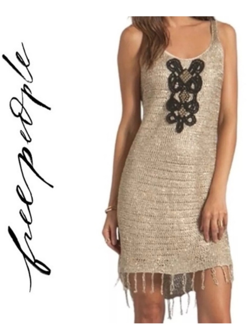 Free People Fringe Revolve Golden Sands Crochet Sequins Flapper Dress Sz M